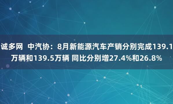 诚多网 中汽协:8月新能源汽车产销分别完成139.1万辆和139.5万辆 同比分别增27.4%和26.8%